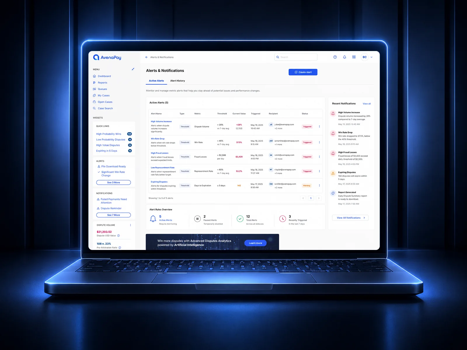 AvenaPay alerts and notifications interface