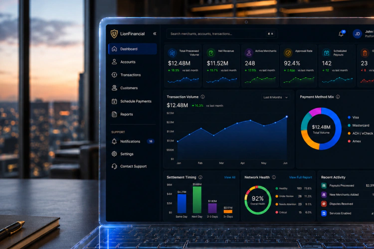 LionFinancial merchant management dashboard displayed on a laptop