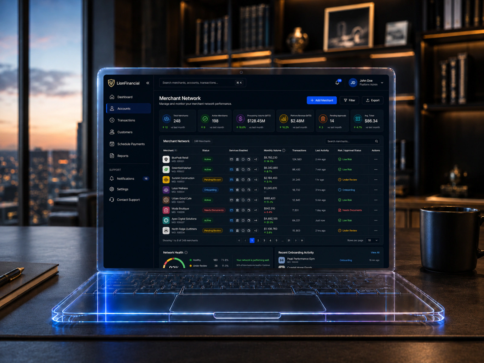 LionFinancial merchant network dashboard