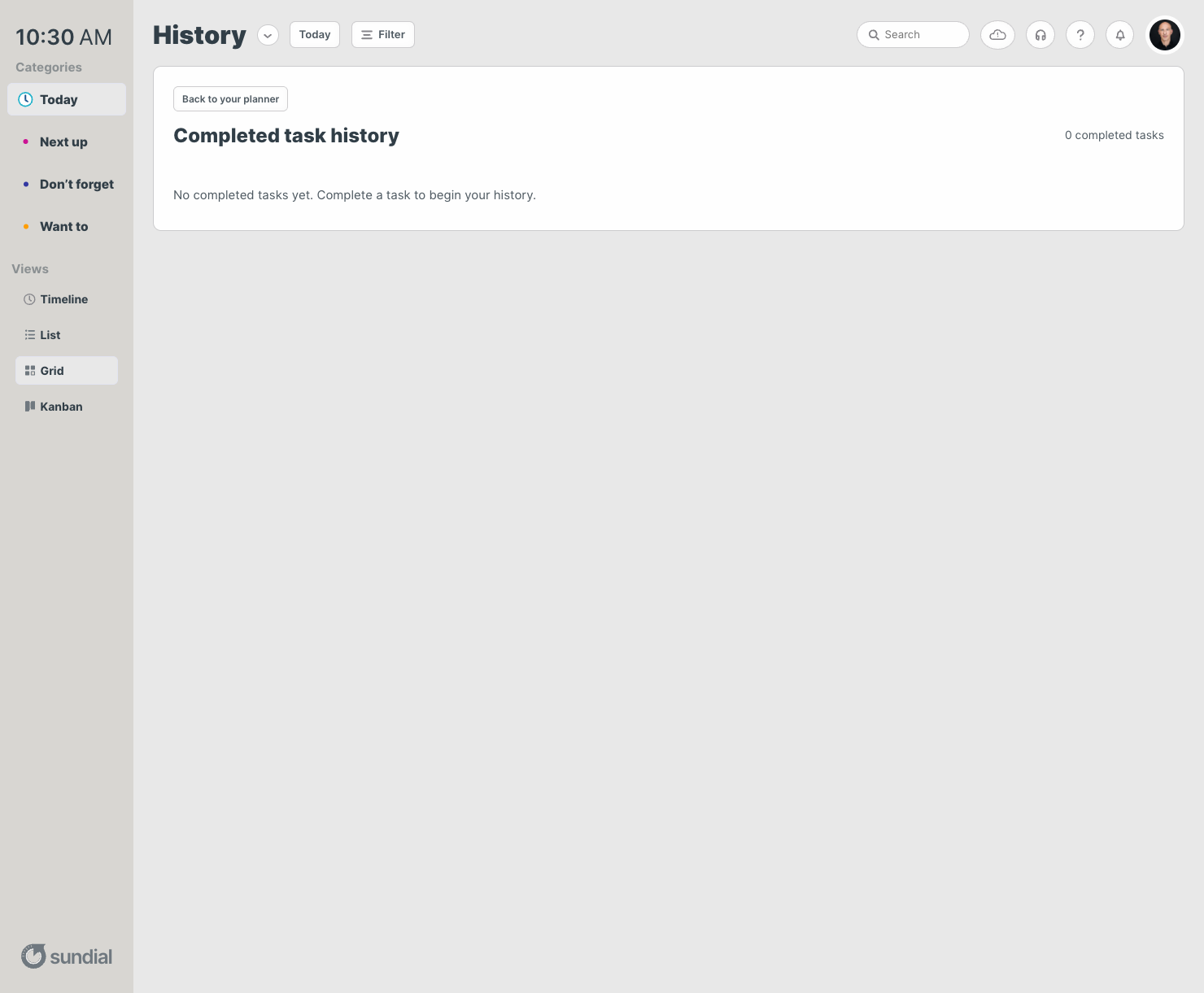 Sundial local prototype: a History heading, return-to-planner action and an empty completed-task history with explanatory copy
