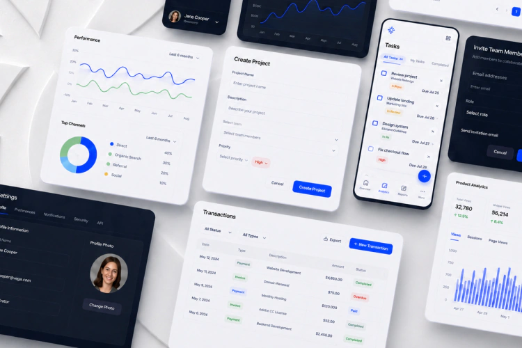 Vega enterprise design system shown across product interfaces